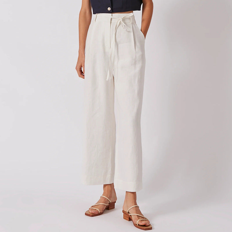 Pure Linen High Waist Lace-up Pants