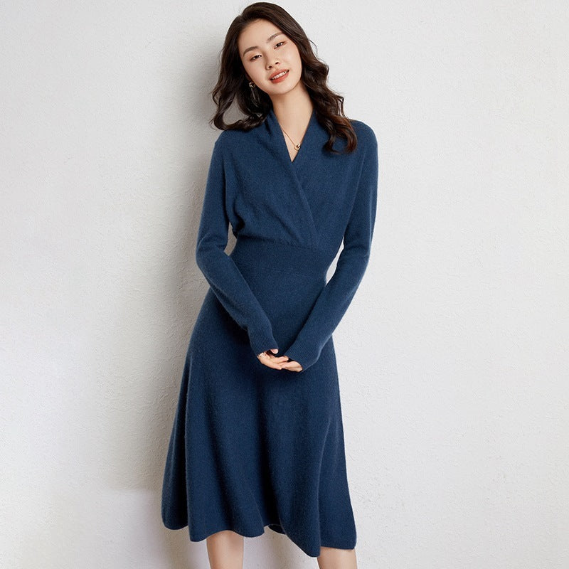 Slim Cross Over-the-knee V Cashmere Dress