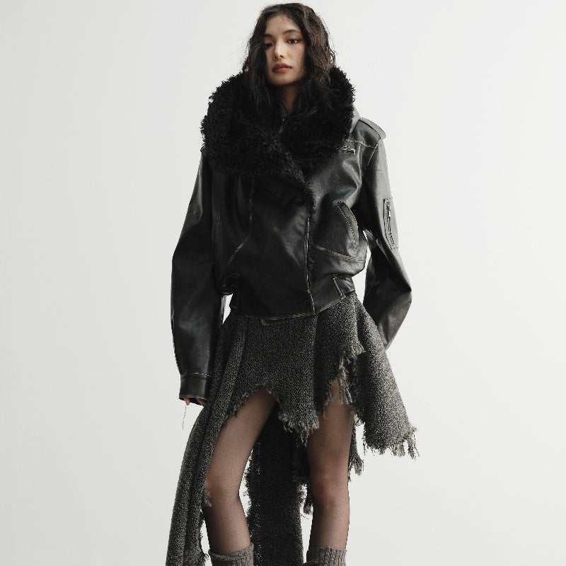 Big Fur Collar Leather Jacket