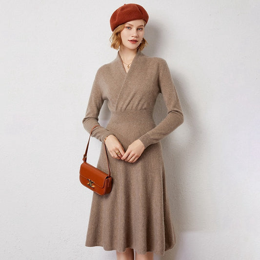 Slim Cross Over-the-knee V Cashmere Dress