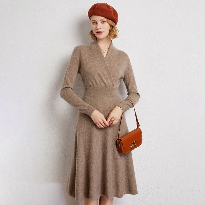 Slim Cross Over-the-knee V Cashmere Dress