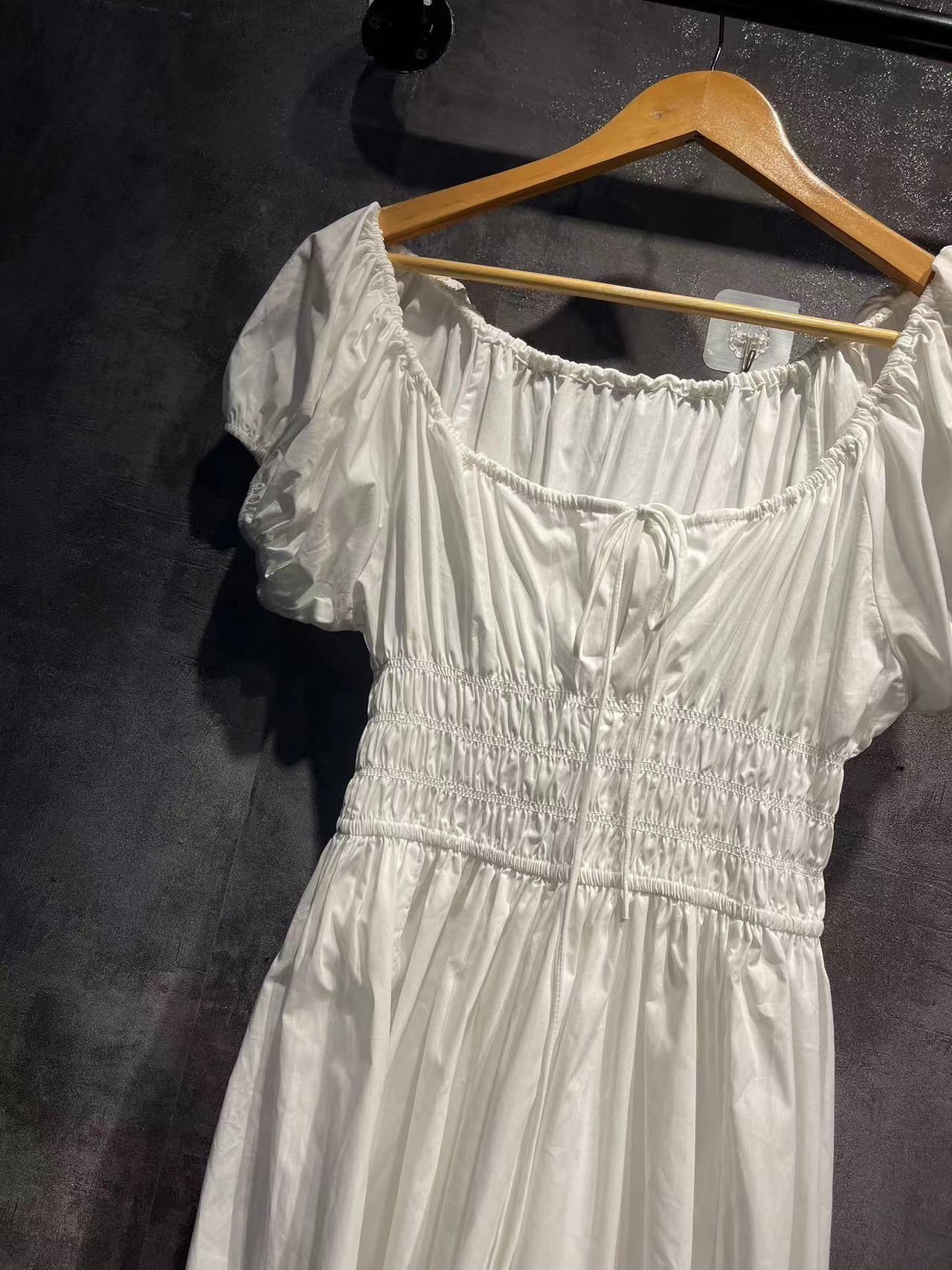 Cotton Puff Sleeve Lace-up Dress