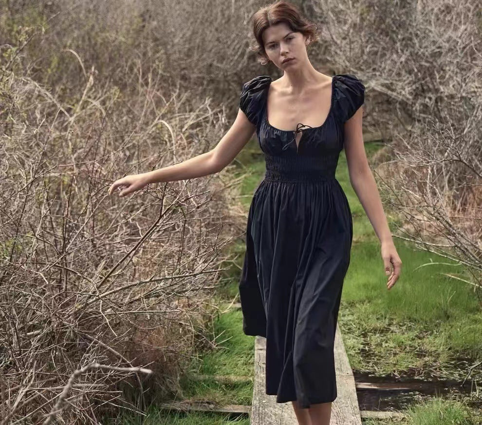 Cotton Puff Sleeve Lace-up Dress