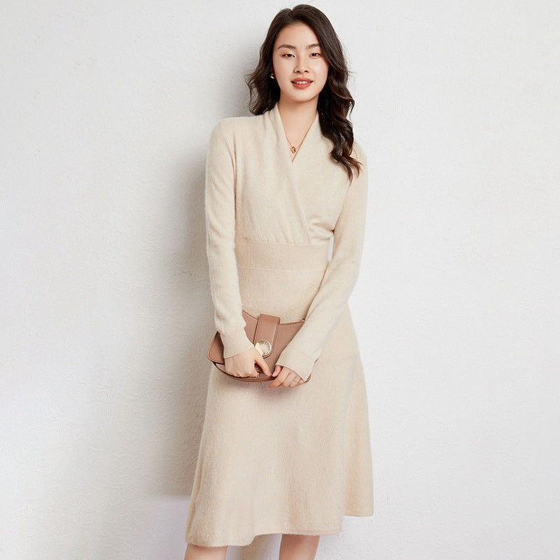 Slim Cross Over-the-knee V Cashmere Dress