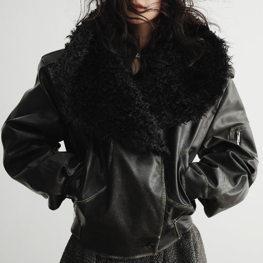 Big Fur Collar Leather Jacket