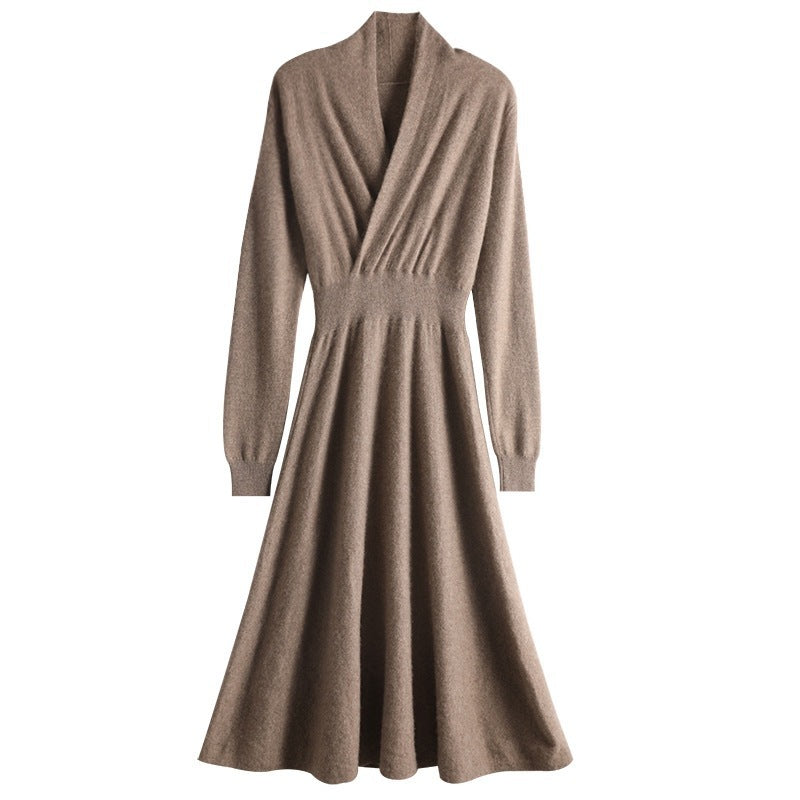 Slim Cross Over-the-knee V Cashmere Dress
