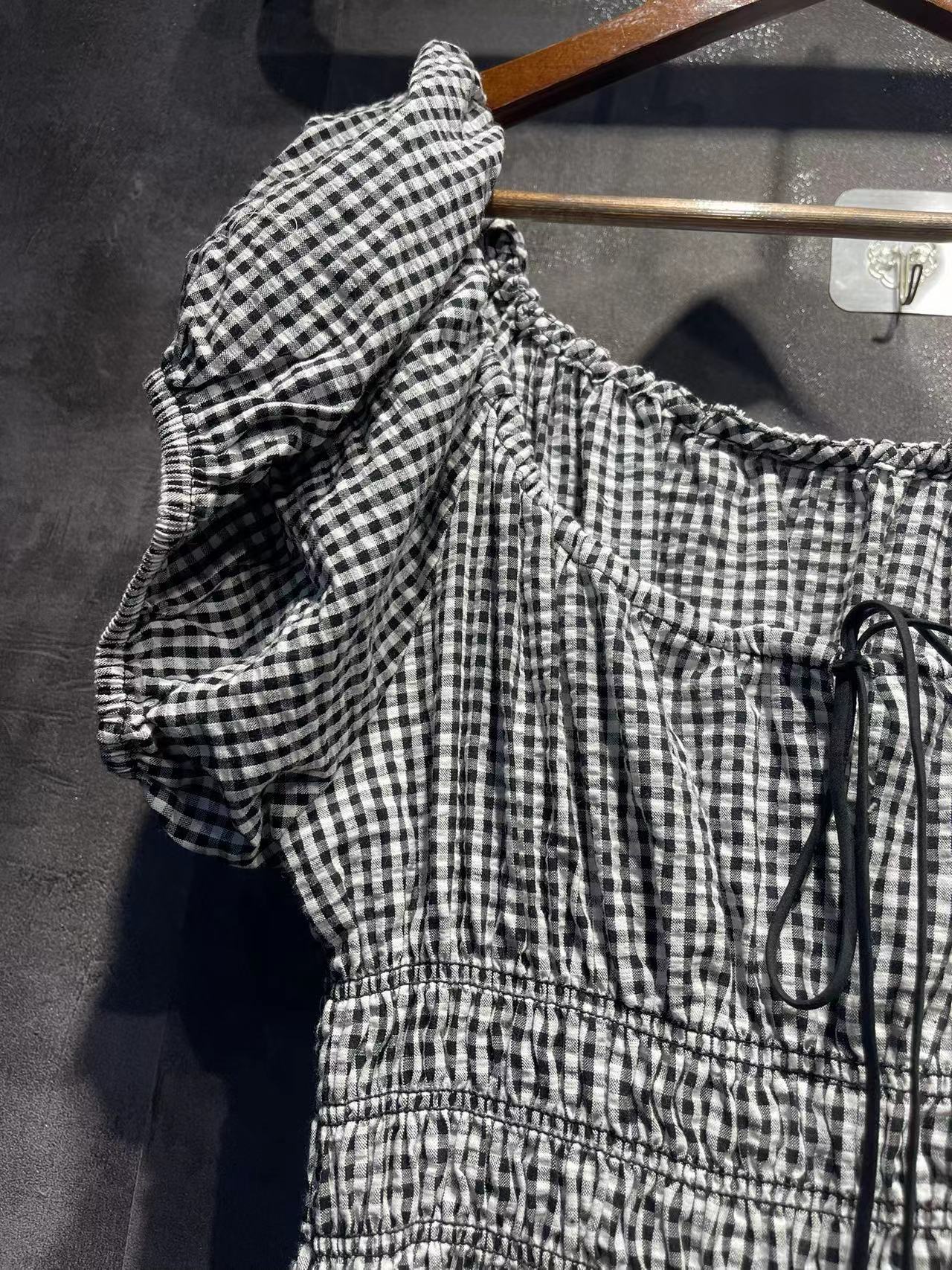 Cotton Puff Sleeve Lace-up Dress