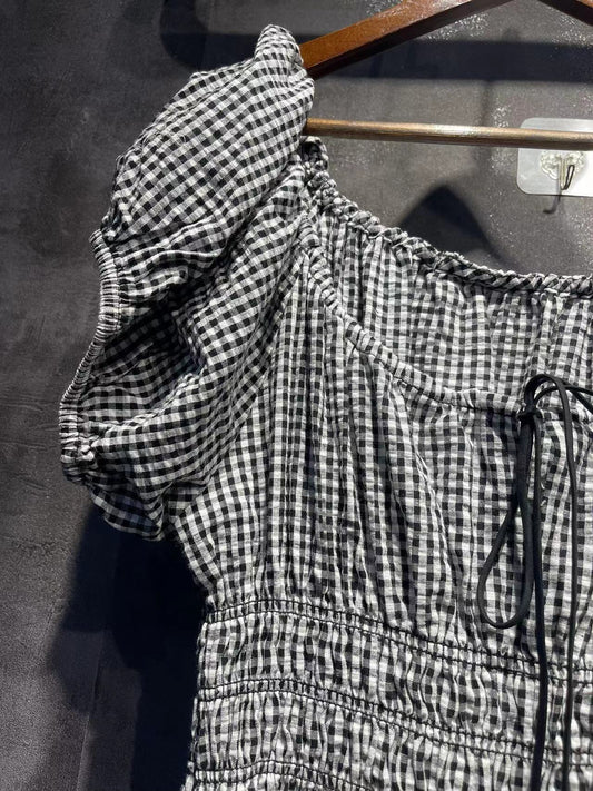 Cotton Puff Sleeve Lace-up Dress