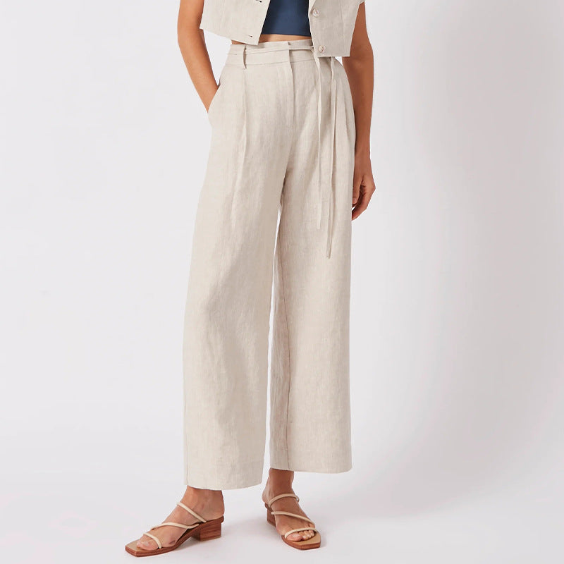 Pure Linen High Waist Lace-up Pants