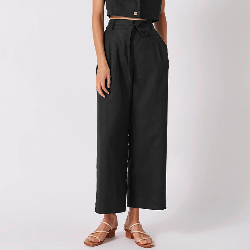 Pure Linen High Waist Lace-up Pants