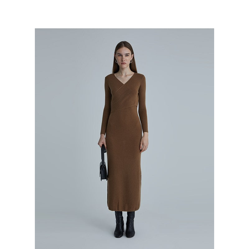Wool V-neck Slim Waist Knit dress