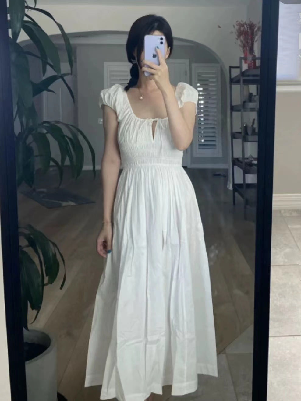 Cotton Puff Sleeve Lace-up Dress