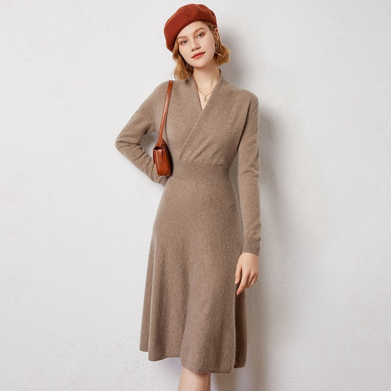 Slim Cross Over-the-knee V Cashmere Dress