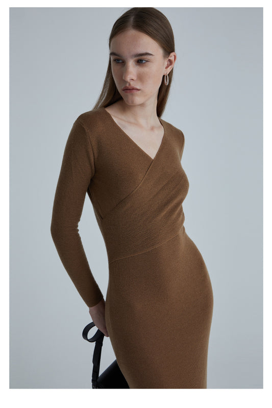 Wool V-neck Slim Waist Knit dress